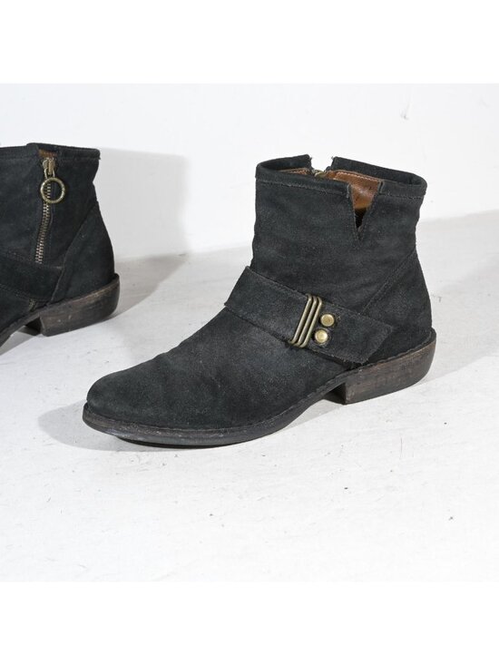 Fiorentini + Baker Shoes - Black Suede Ankle Boots Almond Toe Buckle Strap Inside Zip Moto Made in Italy Wo